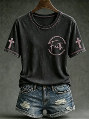 Women's faith-themed pattern print casual short-sleeve T-shirt.