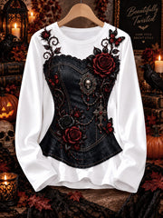 Women's Halloween Gothic Rose Skull Corset Print Long Sleeve T-shirt