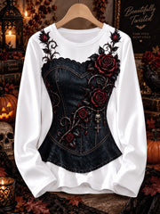 Women's Halloween Gothic Rose Skull Corset Print Long Sleeve T-shirt
