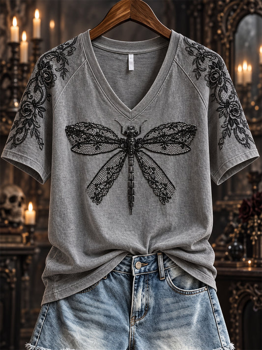Women's Halloween Gothic Lace Dragonfly Art Print short-sleeved T-shirt