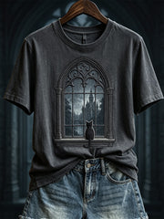 Women's Halloween Scene Gothic Window & Black Cat Print short-sleeved T-shirt