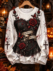Women's Halloween Gothic Rose Skull Corset Print Long Sleeve T-shirt