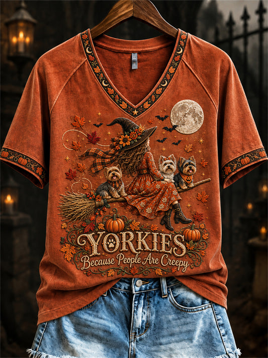 Women's Yorkies Because People Are Creepy Fall Witch & Dogs Print short-sleeved T-shirt