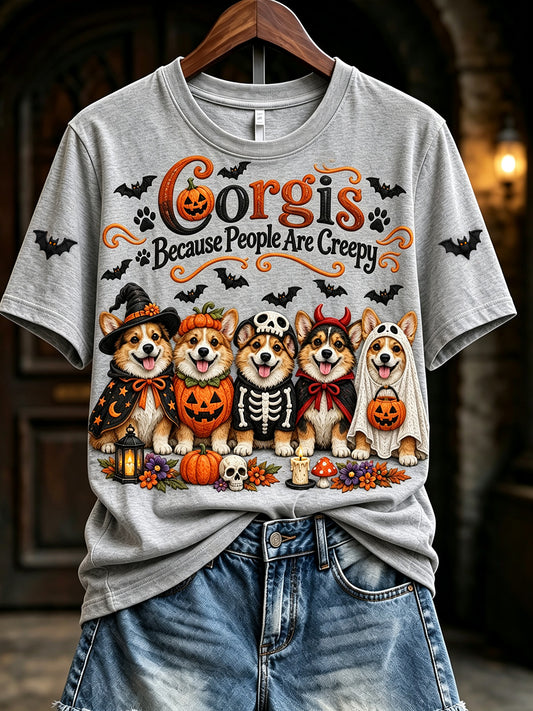 Women's Vintage Corgis Because People Are Creepy Halloween Print Short-sleeved T-shirt