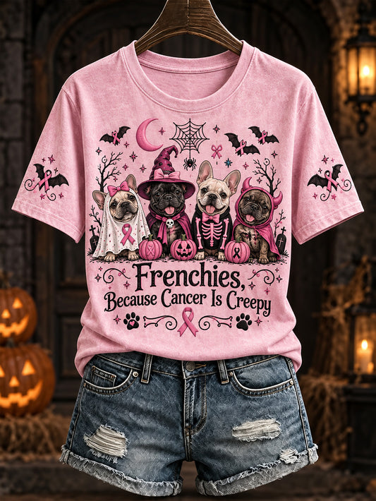 Women's s Halloween Costume Dog Pattern and Pink Charity Ribbon Design Casual Short-Sleeve T-Shirt