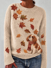 Women's Autumn Leaf Dog Pattern Design Casual Long-Sleeve Sweater