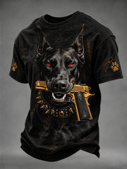 Men's Fierce Doberman Dog with Gun Print Short Sleeves T-shirt