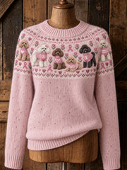 Women's Dog Pattern and Pink Charity Ribbon Design Casual Raglan Sleeve Sweater