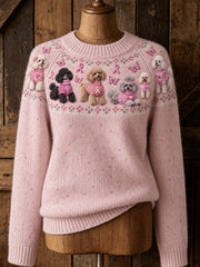 Women's Dog Pattern and Pink Charity Ribbon Design Casual Raglan Sleeve Sweater