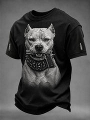 Men's Fierce Pit Bull with Gun Print Short Sleeves T-shirt