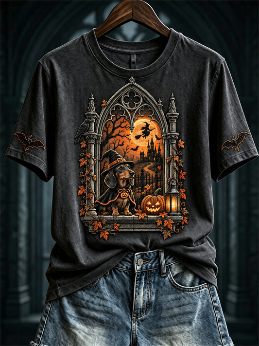 Women's Fall Halloween Dachshund Dog Gothic Window Print short-sleeved T-shirt