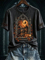 Women's Fall Halloween Dachshund Dog Gothic Window Print short-sleeved T-shirt