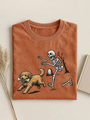Women's Funny Halloween Dog And Skeleton Print Casual Tee
