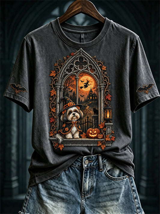 Women's Fall Halloween Shih Tzu Dog Gothic Window Print short-sleeved T-shirt