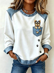 Women's Peeking Yorkie Dog Faux Pocket Print Denim Patchwork Top