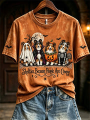 Women's Shelties Because People Are Creepy Halloween Dogs Print short-sleeved T-shirt