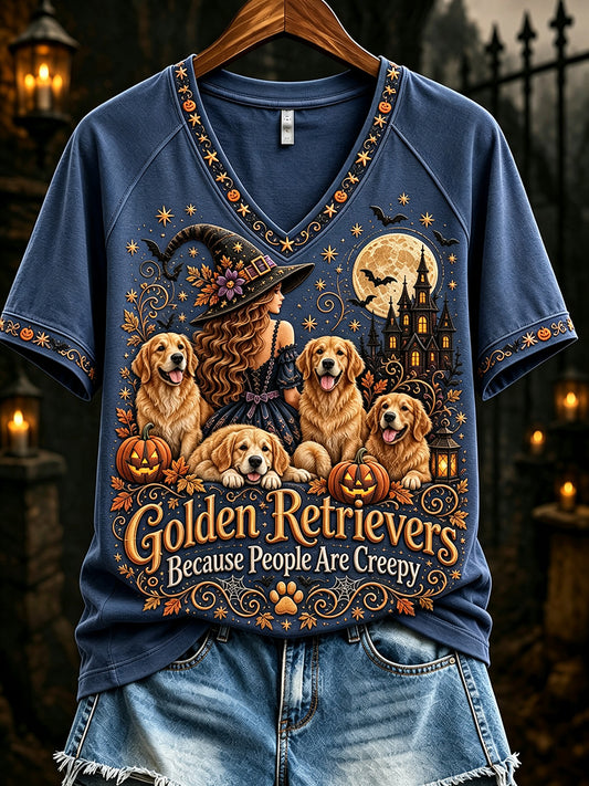 Women's Golden Retrievers Because People Are Creepy Halloween Dogs Print short-sleeved T-shirt
