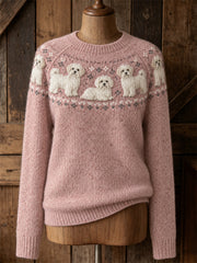 Women's Maltese Dogs Yoke Isle Print crew neck sweater