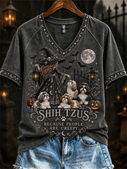 Women's Shih Tzus Because People Are Creepy Halloween Witch & Dogs Print short-sleeved T-shirt