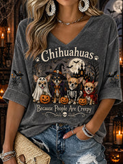 Women's  Halloween Costume Dog Pattern Design Casual Mid-length Sleeves V-Neck T-Shirt