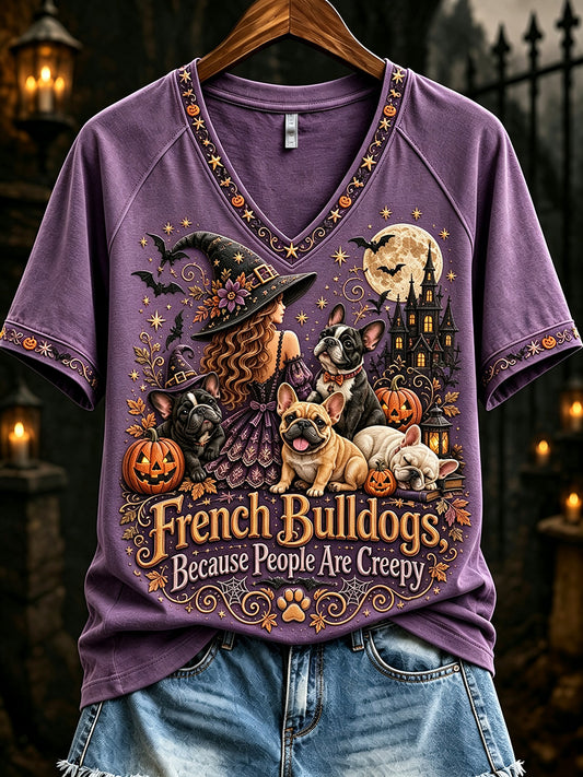 Women's French Bulldogs Because People Are Creepy Halloween Dogs Print short-sleeved T-shirt