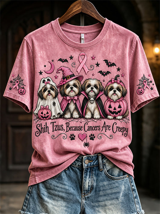 Women's Shih Tzus Because Cancers Are Creepy Halloween Pink Dogs Print short-sleeved T-shirt