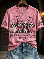 Women's Shih Tzus Because Cancers Are Creepy Halloween Pink Dogs Print short-sleeved T-shirt