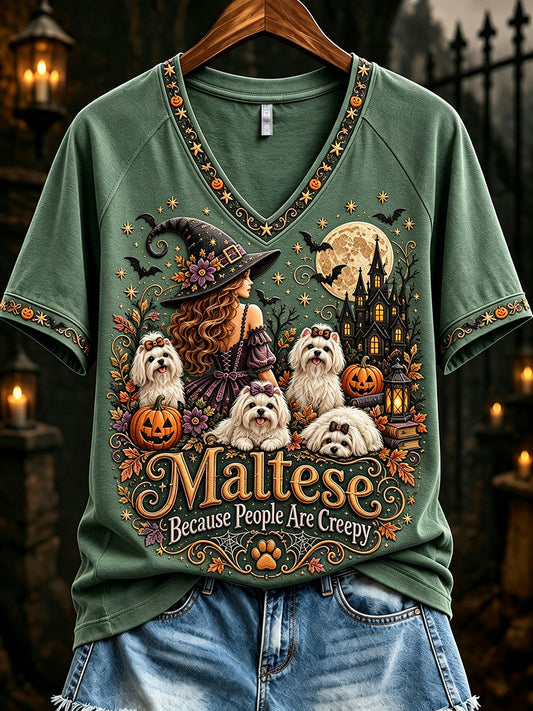 Women's Malteses Because People Are Creepy Halloween Dogs Print short-sleeved T-shirt