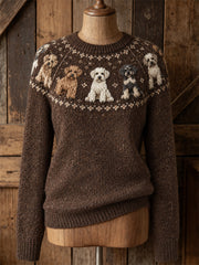 Women's Teddy Poodle Dogs Yoke Isle Print crew neck sweater