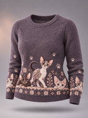 Women's Cute Winter Cat Print Cat Lovers Casual Sweater