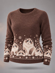 Women's Cute Winter Cats Print Cat Lovers Casual Sweater