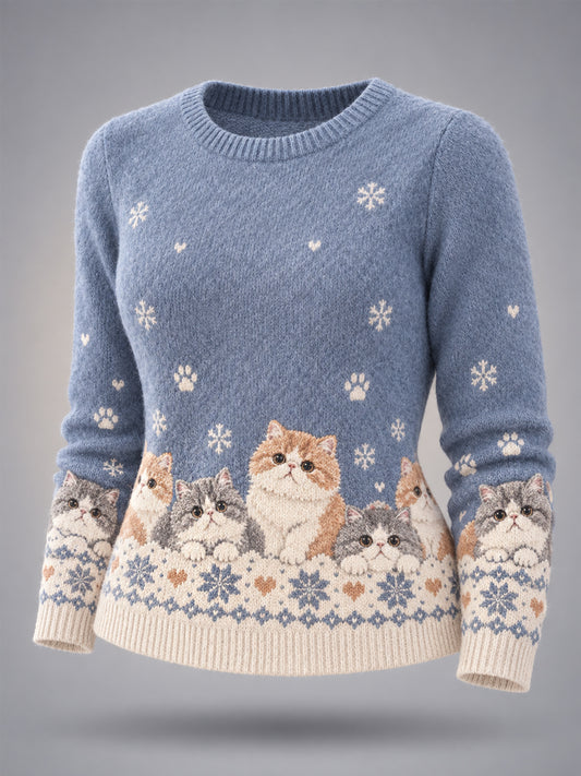 Women's Cute Winter Cats Print Cat Lovers Casual Sweater