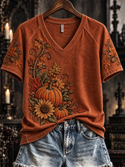 Women's Elegant Gothic Botanical Print V-neck Short-sleeved T-shirt