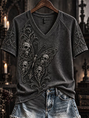 Women's Vintage Halloween Gothic Print V-neck Short-sleeved T-shirt