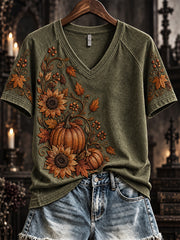 Women's Elegant Gothic Botanical Print V-neck Short-sleeved T-shirt