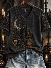 Women's Vintage Halloween Gothic Print V-neck Short-sleeved T-shirt