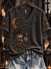 Women's Vintage Halloween Gothic Print V-neck Short-sleeved T-shirt