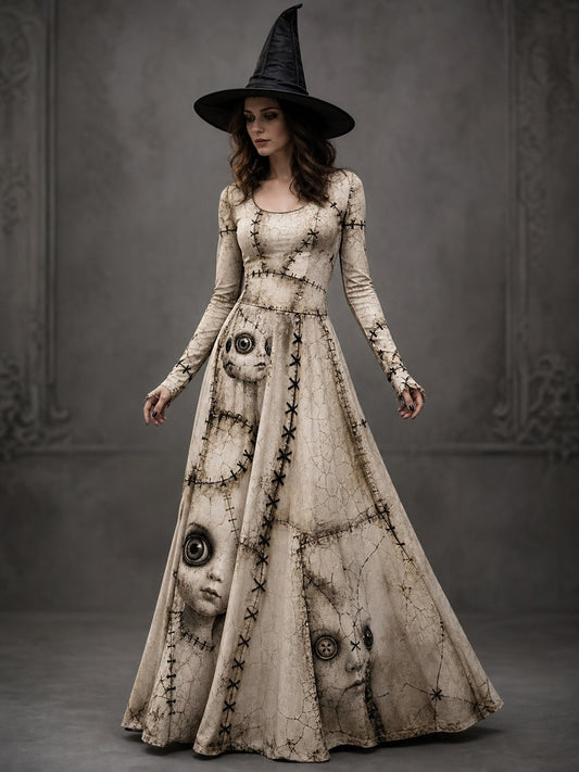 Women's Halloween Art Patchwork Print Casual Long-Sleeve Long Dress