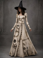 Women's Halloween Art Patchwork Print Casual Long-Sleeve Long Dress