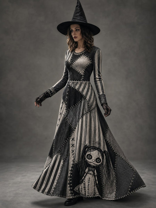 Women's Halloween Art Patchwork Print Casual Long-Sleeve Long Dress