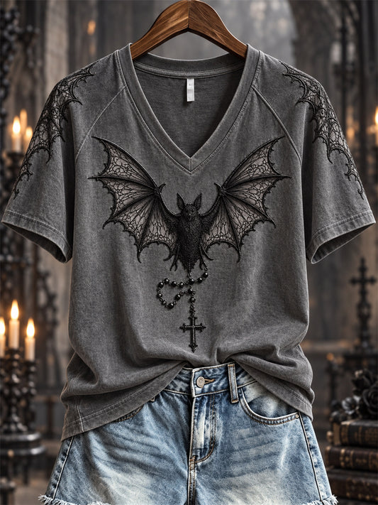 Women's Halloween Gothic Lace Bat & Cross Pendant Print short-sleeved T-shirt