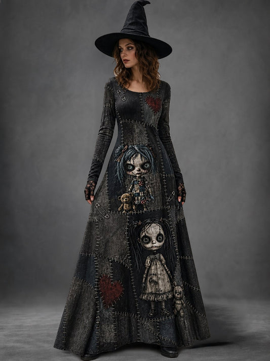 Women's Halloween Art Patchwork Print Casual Long-Sleeve Long Dress