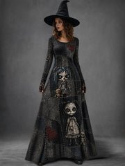 Women's Halloween Art Patchwork Print Casual Long-Sleeve Long Dress