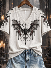 Women's Halloween Gothic Lace Bat & Cross Pendant Print short-sleeved T-shirt