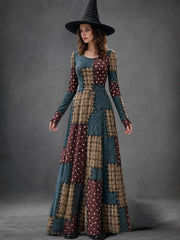 Women's Halloween Art Patchwork Print Casual Long-Sleeve Long Dress
