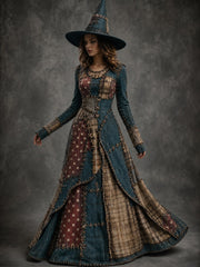Women's Halloween Art Patchwork Print Casual Long-Sleeve Long Dress