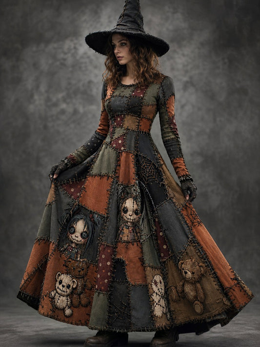 Women's Halloween Art Patchwork Print Casual Long-Sleeve Long Dress