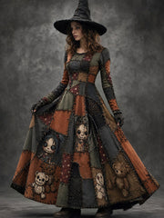 Women's Halloween Art Patchwork Print Casual Long-Sleeve Long Dress