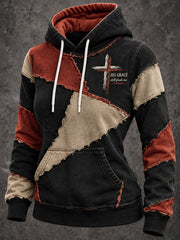 Women's Retro Color Block Patchwork His Grace Still Finds Me Cross Print Hoodie