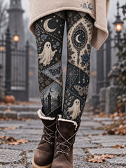 Women's Gothic Halloween Cute Ghost Moon Patchwork Leggings